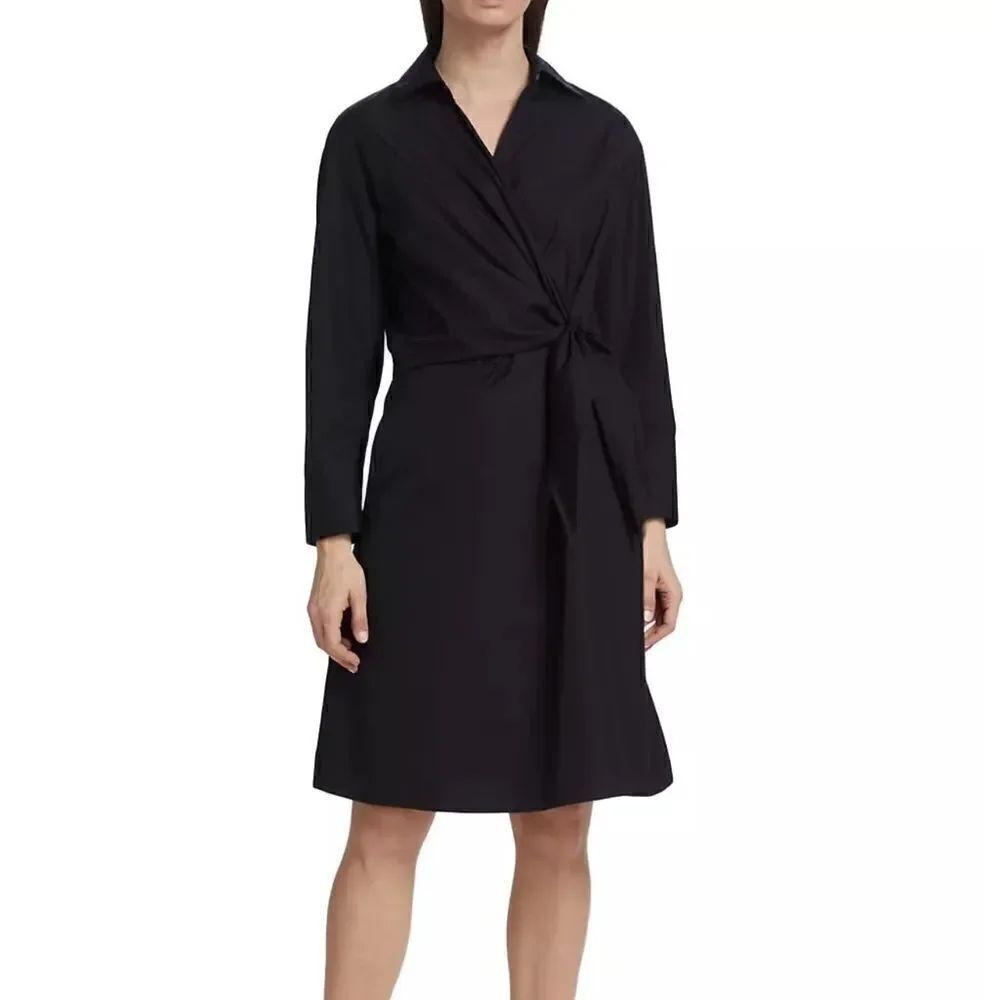 Vince Black Viscose Blend Long Sleeve Wrap Tie-Waist Shirt Dress Size M